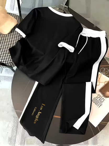 Women's Casual 2pc Polyester Set with Color Block Design