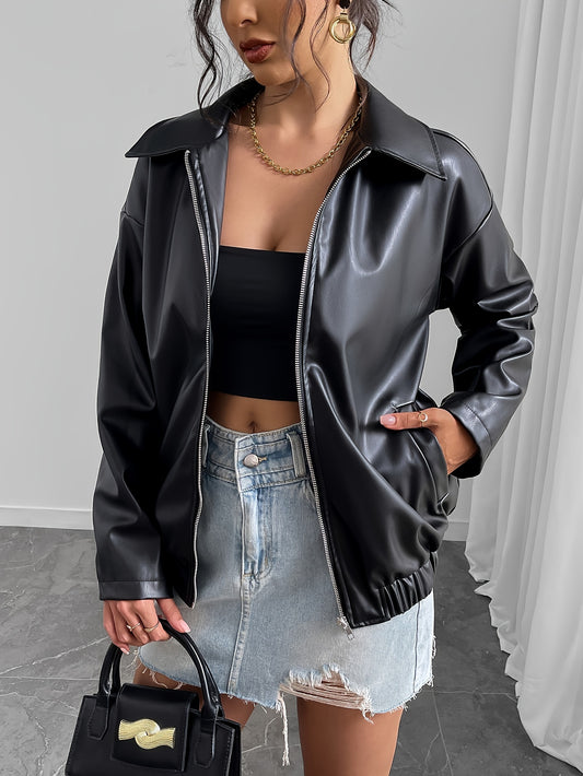 Women's Stylish Black Jacket - Casual Zip-Up with Lapel Collar, Long Sleeves & Side Pockets for Spring/Fall