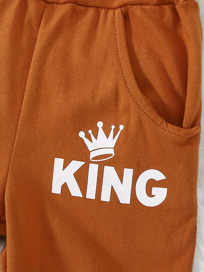 2 հատ Baby Boy's Casual Fashion Outfit Hooded KING Print երկարաթև մարզաշապիկ + շալվար բացօթյա հավաքածու