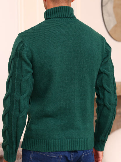 Men's Winter Knit Sweater Thickened Warm High Neck Pullover - Soft Cable Knit Design Solid Color Casual Cold Weather Sweaters for Office & Casual Attire (Regular Fit)