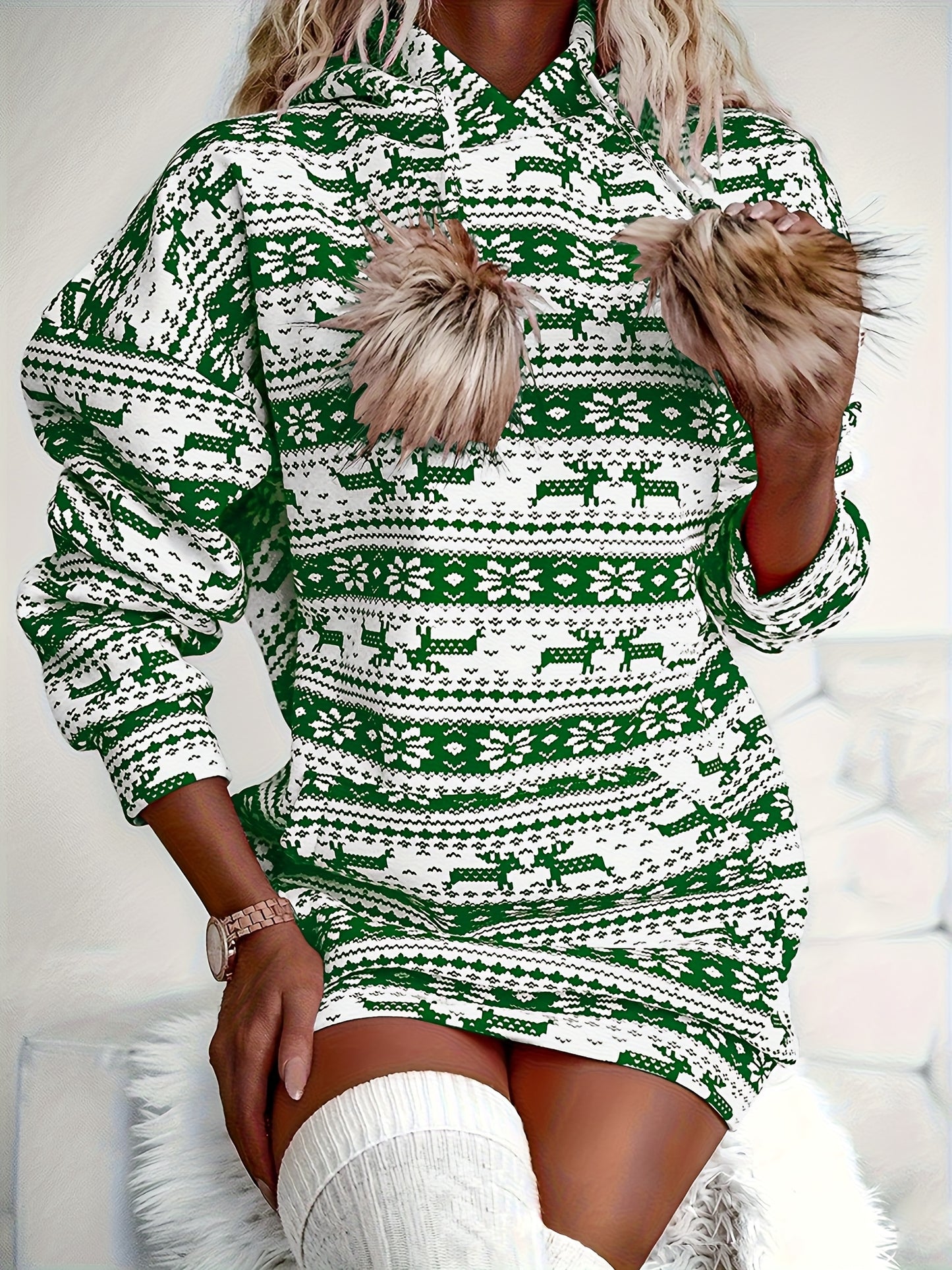 Women'S Christmas Deer & Snowflake Print Hooded Sweater Dress - Long Sleeve Winter Warmth, Red & Holiday Party Outfit with Pompom Sleeves