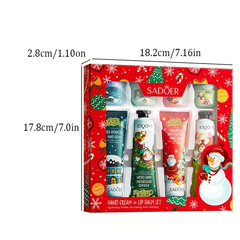 8pcs SADOER Christmas Hand Cream & Lip Balm Gift Set - Moisturizing, Softening, Brightening, and Dry Light Care with Glycerin, Hyaluronic Acid, and Plant-Based Squalane - Ideal for All Light Types, Festive Holiday Packaging,