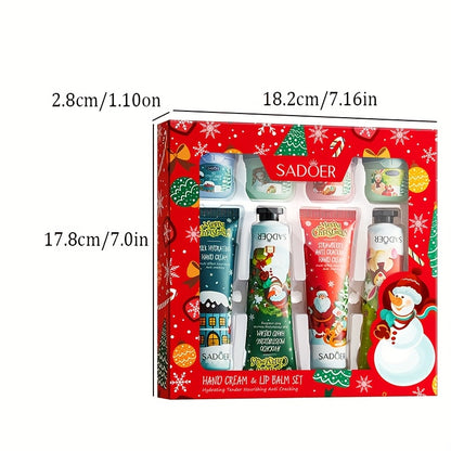 8pcs SADOER Christmas Hand Cream & Lip Balm Gift Set - Moisturizing, Softening, Brightening, and Dry Light Care with Glycerin, Hyaluronic Acid, and Plant-Based Squalane - Ideal for All Light Types, Festive Holiday Packaging,
