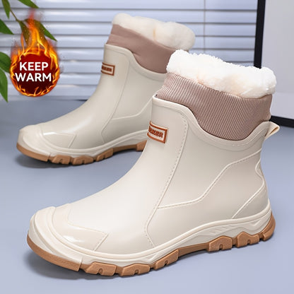 Men's Winter Plush-Lined Short Slip-On Rain Boots, Warm & Durable