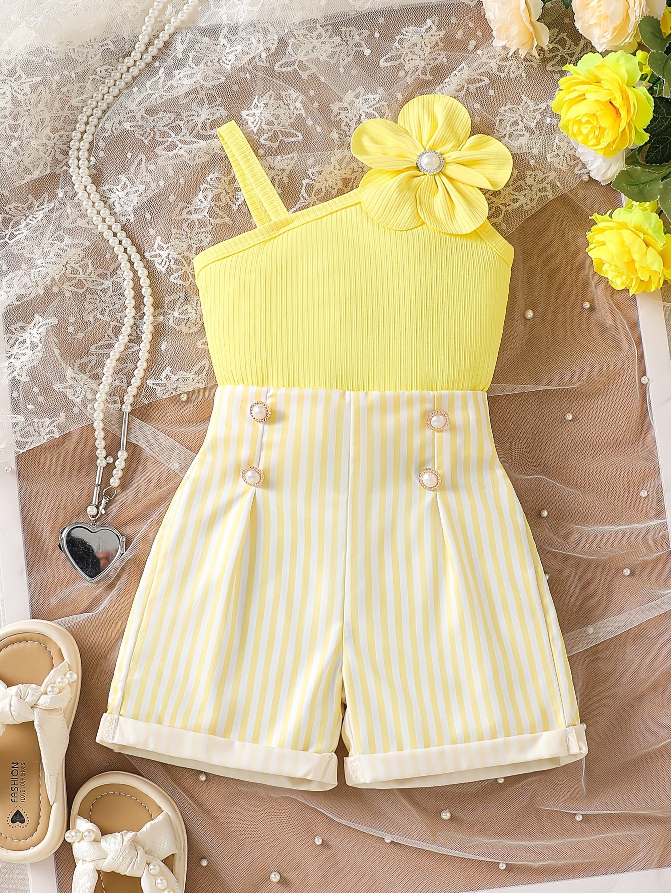 Girls Summer 2-Piece Off-Shoulder Top & Striped Shorts Set
