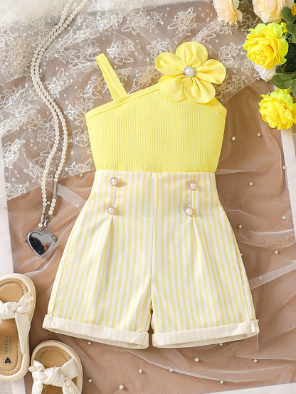 Girls Summer 2-Piece Off-Shoulder Top & Striped Shorts Set