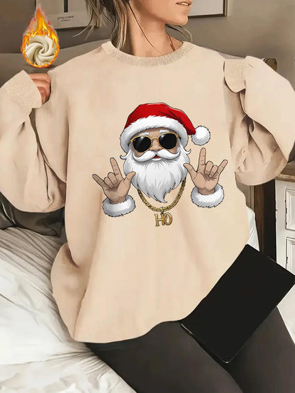 Women's Elegant Christmas Santa Claus Graphic Print Fleece-Lined Sweatshirt - Long Sleeve Round Neck Pullover with Golden Accents, Machine Washable Holiday Party Casual Top, Christmas Sweatshirt, Festive Clothing, Hiphop Styl