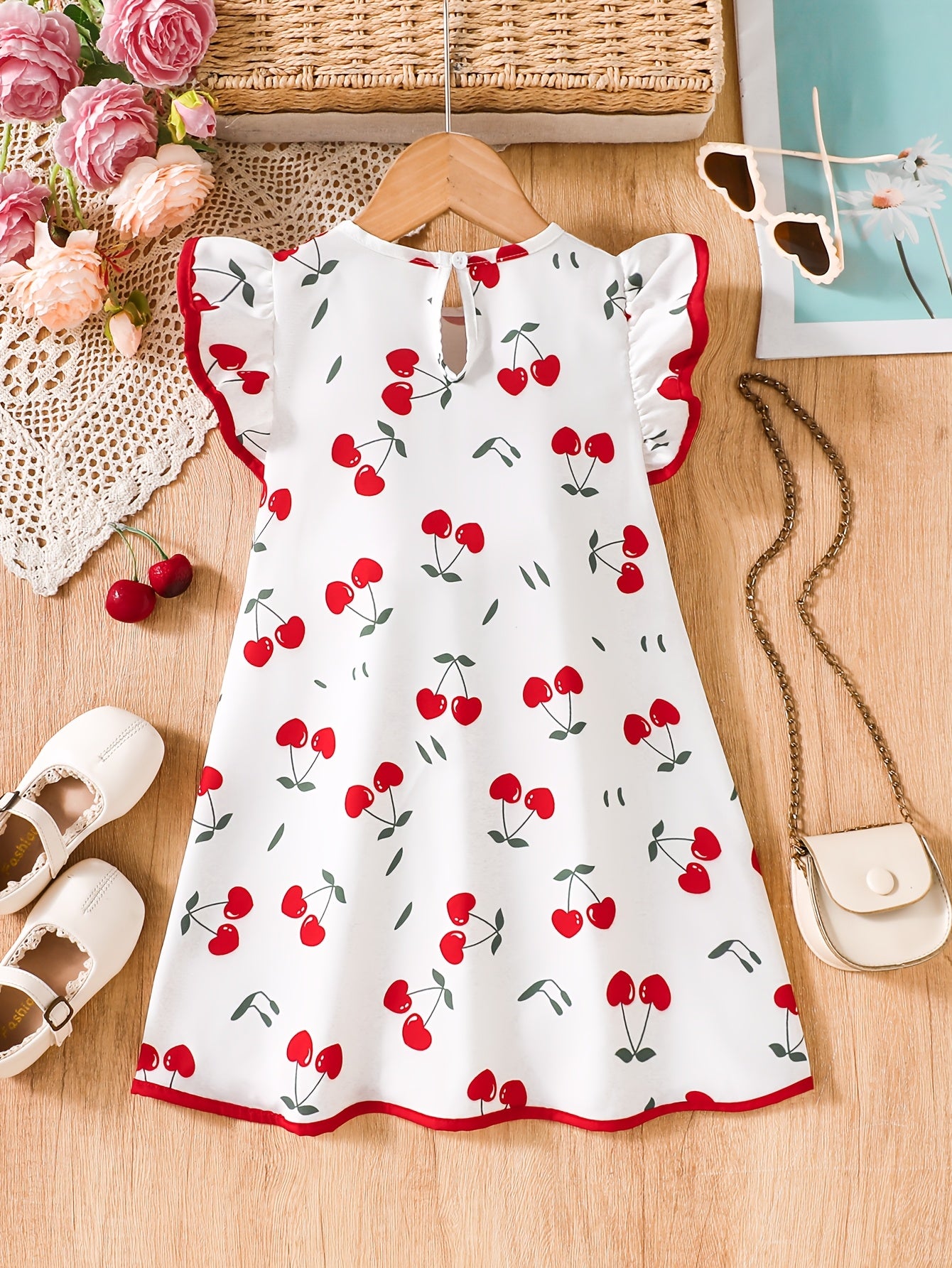 Girls' Summer Sleeveless Cherry Print Ruffle Casual Dress