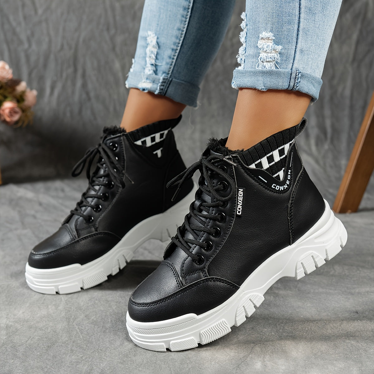 gfhfgjjfg Women's Casual High-Top Platform Ankle Boots with Lace-Up Closure, Thick Rubber Sole & Faux Cover Upper - Winter Warm Round Toe Boots for Casual Attire (Black/White/Beige), Comfortable Footwear, Durable Traction Foo