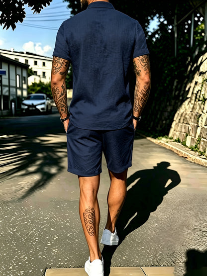 Men's Casual Cotton Polo Shirt and Shorts Set for Spring/Fall