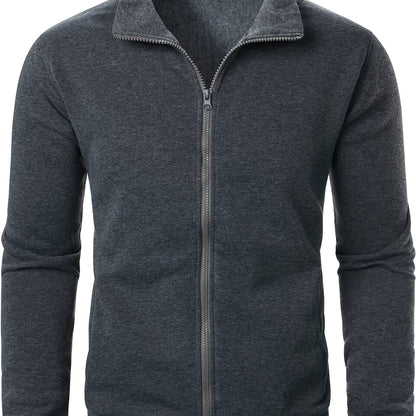 Men'S Slim-Fit Fleece-Lined Zip-Up Hoodie - Warm Long Sleeve Casual Jacket with Stand Collar, Solid Color, Polyester Lining, Pockets, Regular Fit for Fall/Winter, Winter Hoodie, Autumn Outerwear, Sleek Design, Durable Fabric,
