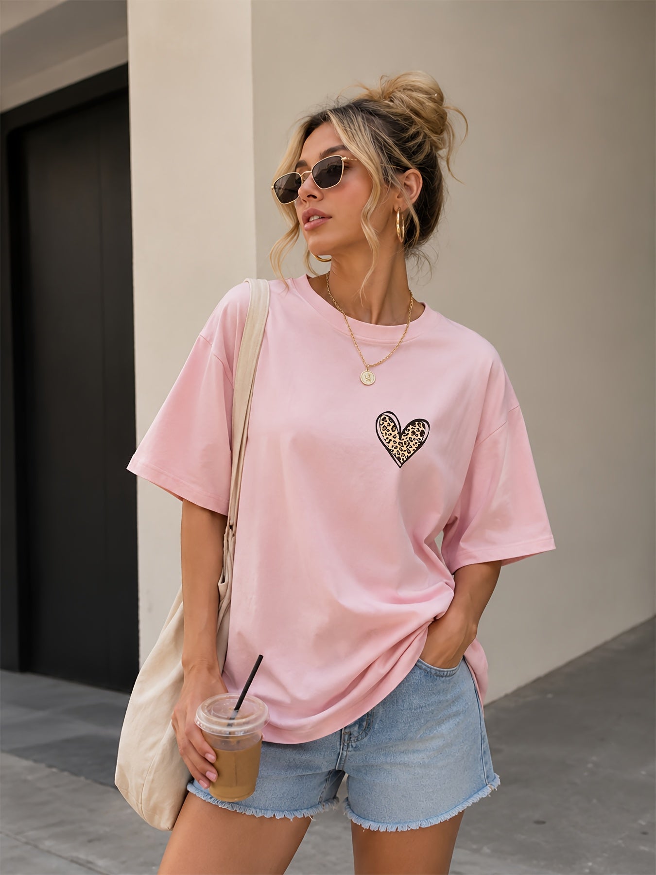 Women’s Loose Crew Neck Cotton T-Shirt with Leopard Heart Print