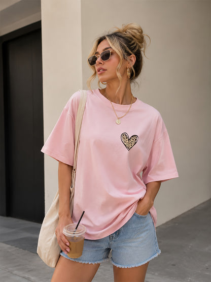 Women’s Loose Crew Neck Cotton T-Shirt with Leopard Heart Print