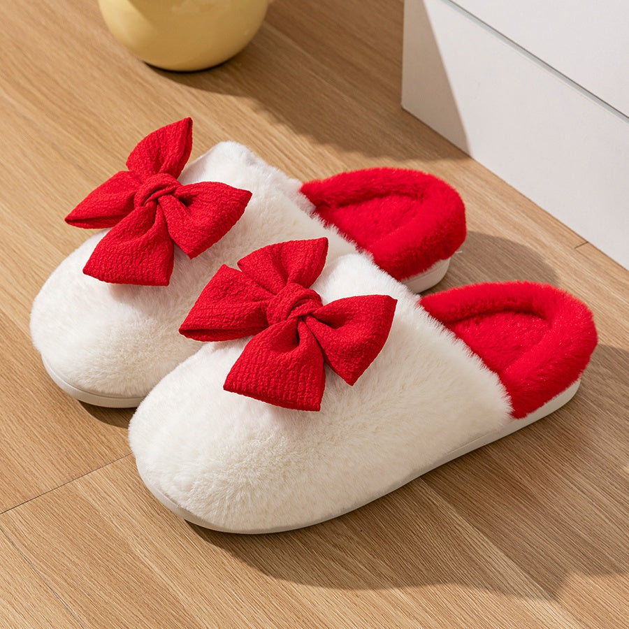 Women'S Cozy Winter Slip-On Slippers with Large Bow Detail - Soft Corduroy, Non-Slip TPR Sole, Warm Fabric Lining for Indoor Comfort, Cute Slippers