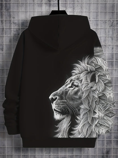 Տղաների 3D Lion Print Hoodie - Հարմարավետ պոլիեսթեր խառնուրդ, սովորական երկարաթև պուլովեր գլխարկով, լվացվող մեքենայով, կատարյալ գարնան և աշնան համար, հիմնական գլխարկով: