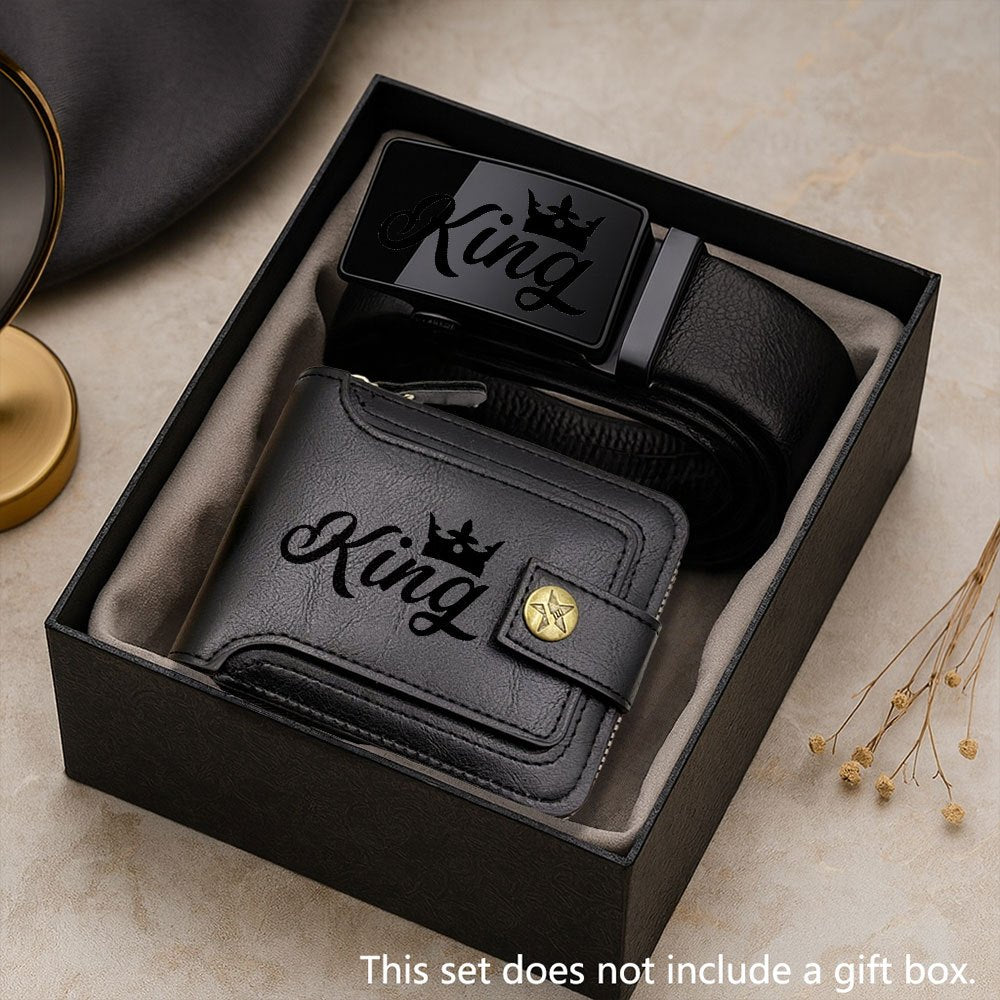 2pcs Men's Belt & Wallet Combo Matching Set - King Print Design, Business Professional Belt & Wallet with Cash Pocket - Gift for Dad, Husband (Valentine's Day, Graduation) - Stylish Male Accessory Suitable for Outfit Essentia