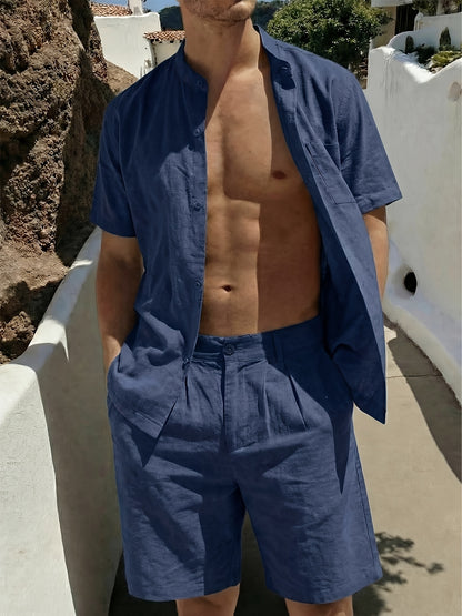 Men's Linen Short-Sleeve Shirt and Shorts Set for Summer Casual