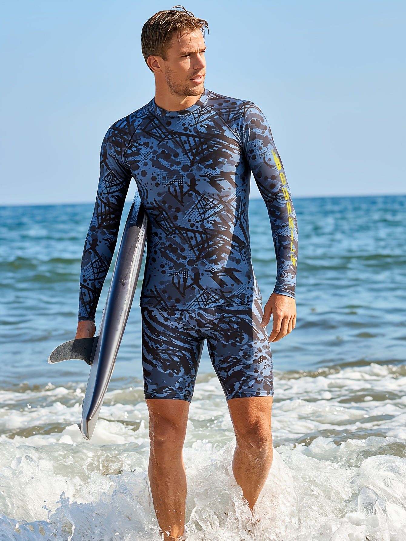 Men's Athletic 2-Piece Long-Sleeve Swimwear Set with Geometric Design