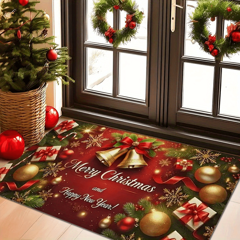 1pc Christmas & New Year Welcome Mat with Merry Christmas & Happy New Year Greeting, Red/Golden/Green Holiday Design, Non-Slip Backing, Heavy-Duty 600g/m² Polyester, Machine Washable Indoor/Outdoor Door Mat with Pine Branche