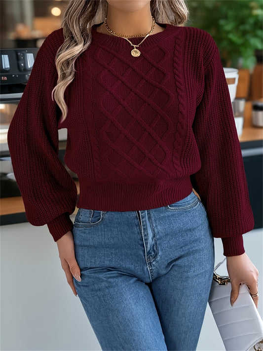 Elegant Cable Knit Sweater for Women - Casual Long Sleeve, Round Neck Pullover in Solid Color, Perfect for Fall/Winter