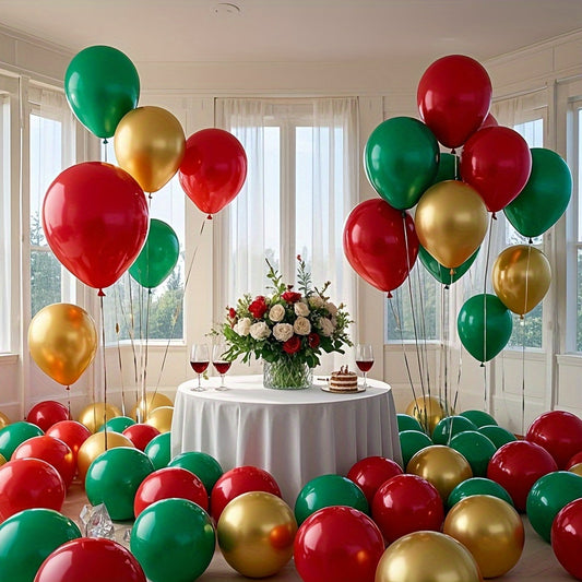 50pcs Red, Green, Golden Metal Balloon Set, 10-Inch Latex Balloons. Perfect for Birthday, Wedding, Thanksgiving, Christmas, New Year Decorations and Party Setup, Suitable For Winter Party Decorations, Anniversary Decorations,