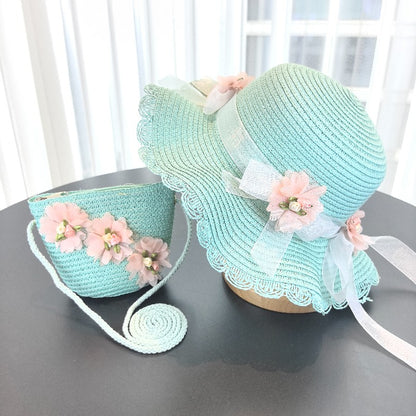 Girls 2pcs Straw Sun Hats Lightweight Floral Fisherman Style