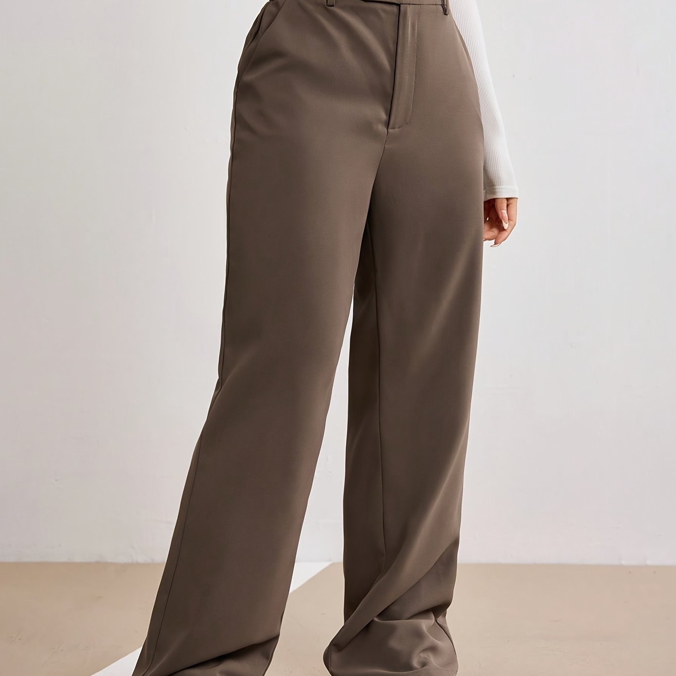 Elegant Solid Color Button-Wide Leg Suit Pants for Women, Polyester, Machine Washable