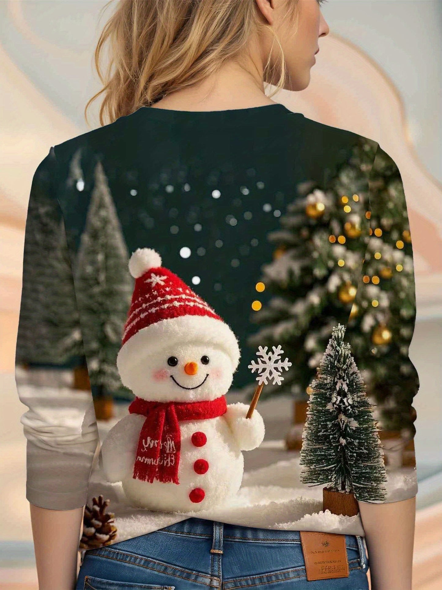 Women's Cozy Snowman & Christmas Tree Print Long Sleeve T-Shirt - Soft Round Neck Winter Sweater-Style Top with Snowflake Patterns, Machine Washable Holiday Party Outfit (Green/Golden) for Xmas & New Year's Events