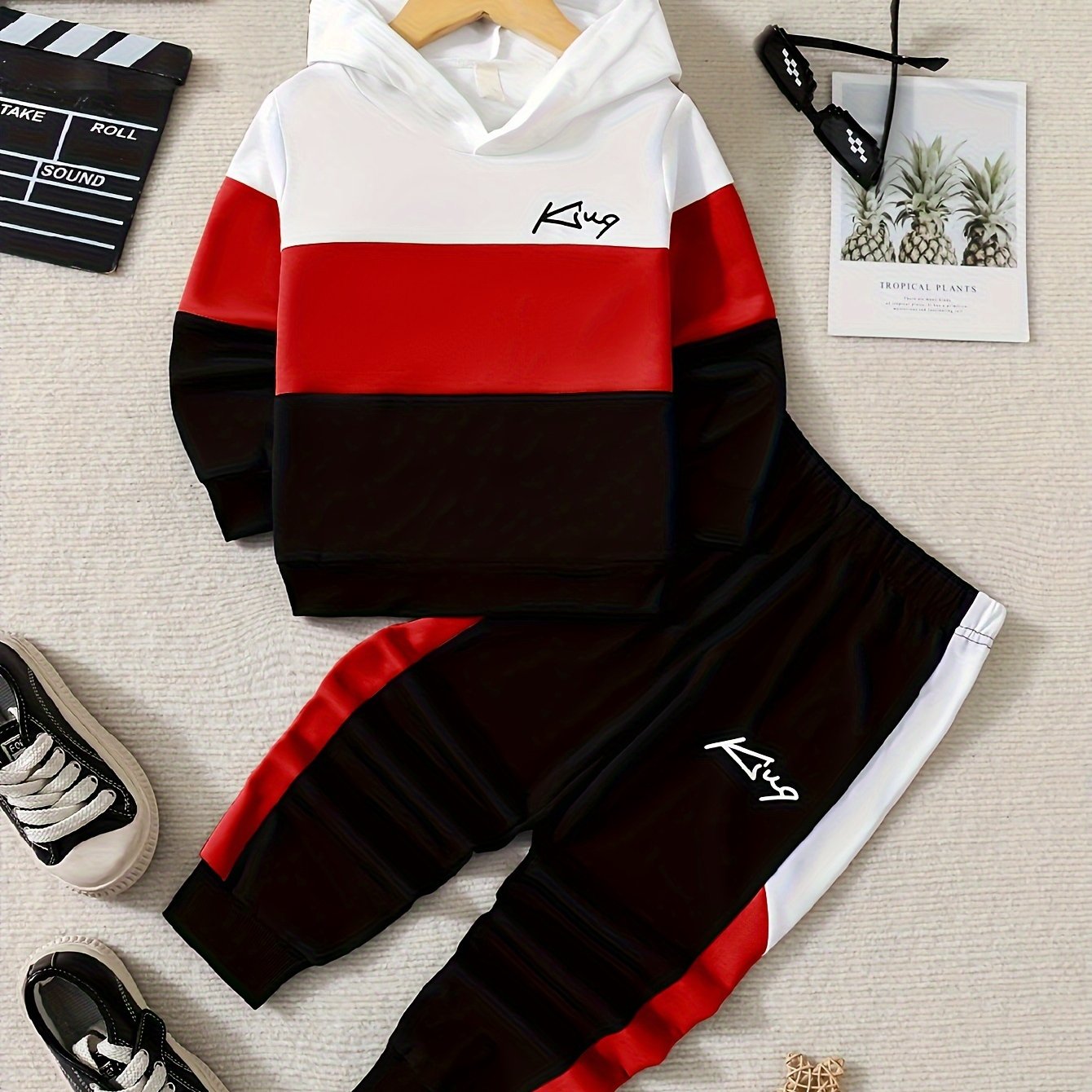 2 հատ տղայի «Թագավորական» նախշերով գլխարկով հանդերձանք, ոճային գունային բլոկներով կարված գլխարկի և տաբատի հավաքածու, մանկական հագուստ աշուն/ձմեռ բացօթյա հագուստի համար, որպես նվեր