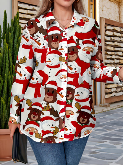 Plus Size, Women's Plus Size Winter Deer & Moose Print Blouse - Long Sleeve Christmas Party Shirt with Collar & Button Front, Red & Black Nordic Winter Pattern, Machine Washable Elegant Casual Holiday Outfits for Christmas &