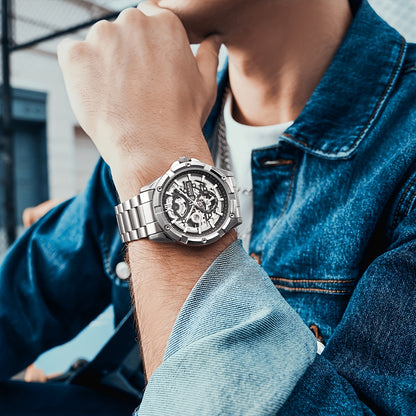 Men’s Mechanical Hollow Skeleton Watch Stainless Steel Business Style