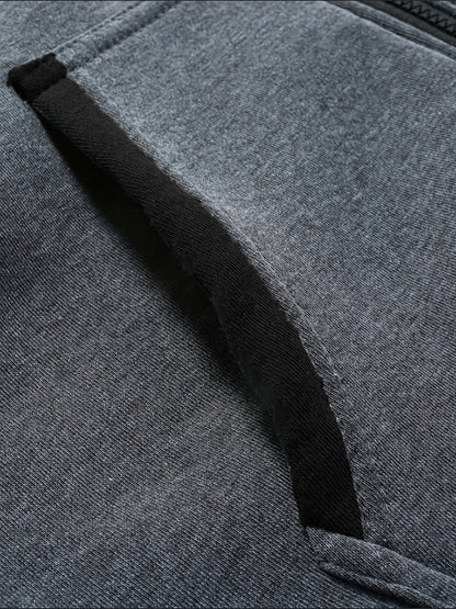 Men's 2025 Autumn East New Zipper Hoodie - Black & Grey Color-Block Contrast with White Piping, Full-Zip Closure, Chest Pocket & Adjustable Hood, Casual Streetwear for Teen Boys & Young Men, Durable Everyday Outerwear