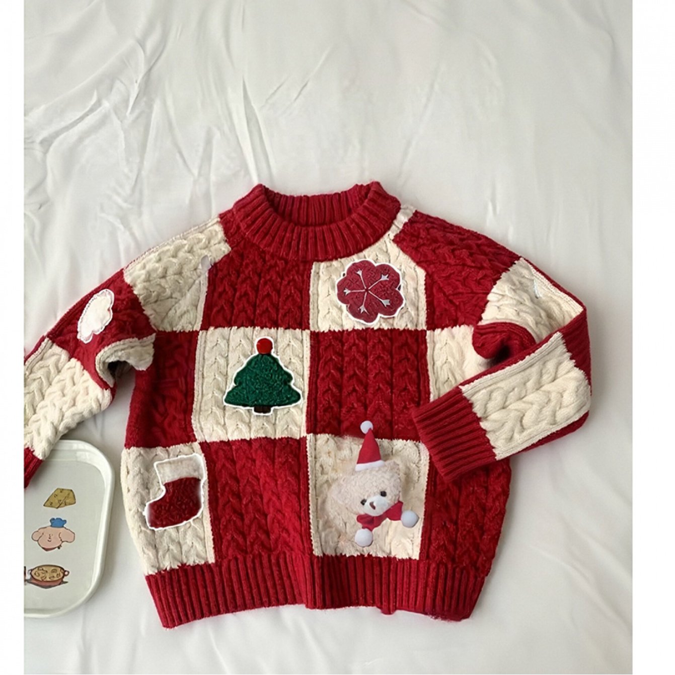 Կարմիր և սպիտակ Cable- սվիտեր բաճկոն - Շոտլանդական ոճով տղաների և աղջիկների համար նախատեսված գեղեցիկ ձմեռային վերարկու, լվացքի մեքենայով լվացվող կլոր վզով կարդիգան՝ Սուրբ Ծննդյան, Նոր տարվա և առօրյա հագուստի համար (մինչև)