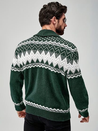 Men's Casual Geometric Pattern Cardigan Sweater - Navy Blue with White and Black Accents, Button-Up Collar, Machine Washable, Polyester for Fall/Winter