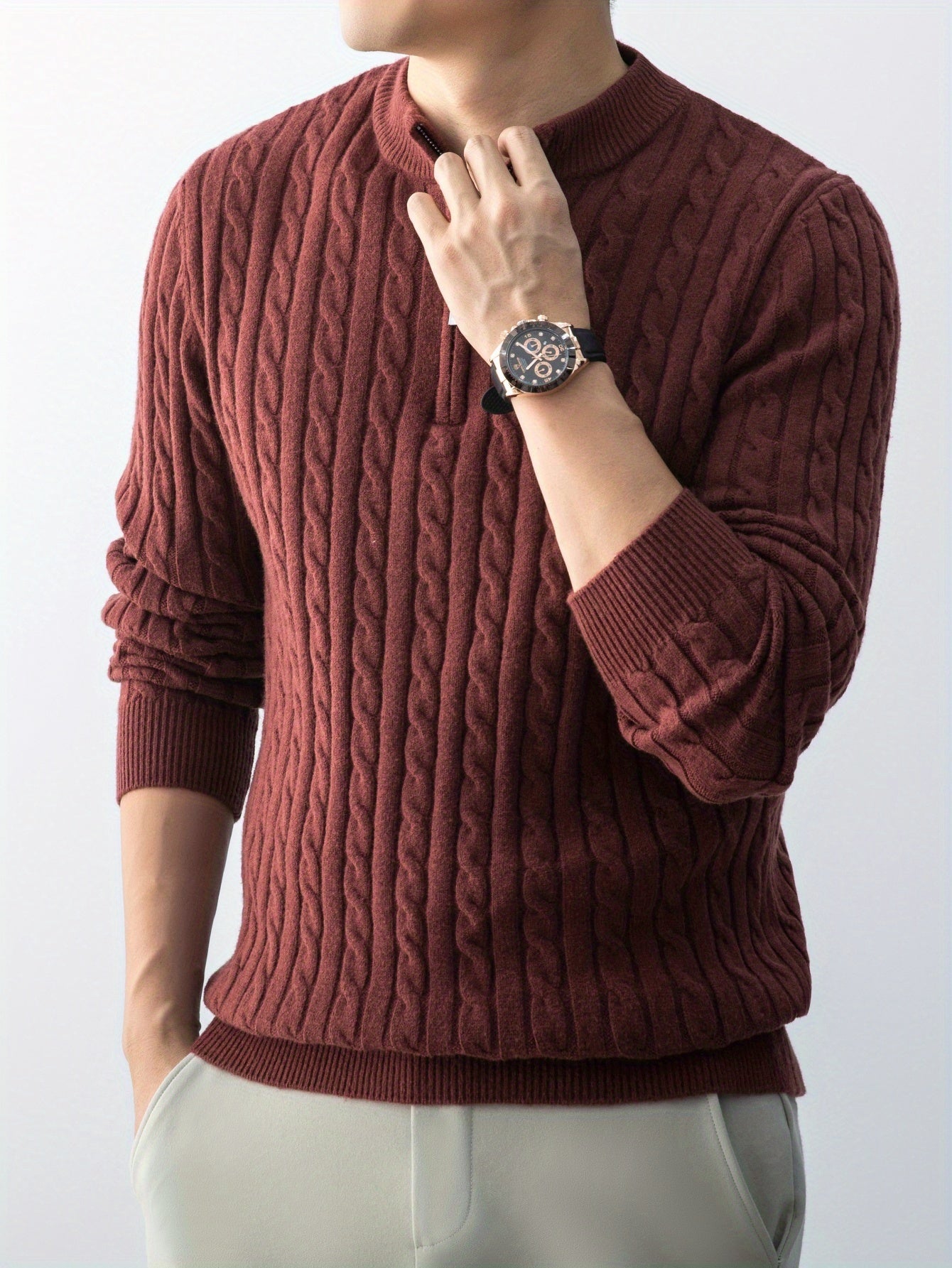 New Men'S Christmas Gift: a Thick, Warm, And Cold-Resistant Knitted Sweater with a Cable-Knit Design And a Zippered Collar, Suitable for Both Layering And Wearing Alone, Perfect for Casual And Versatile Outfits