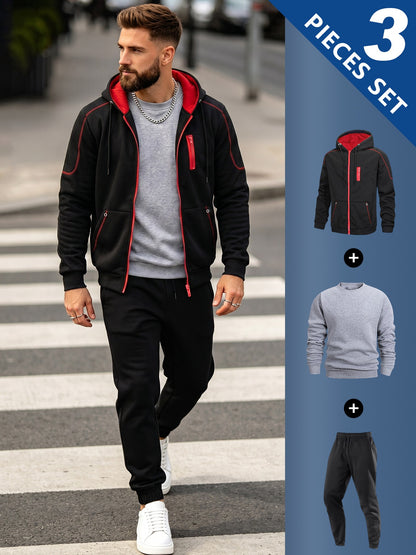 Men's Casual 3-Piece Set: Hooded Jacket, Sweatshirt & Joggers