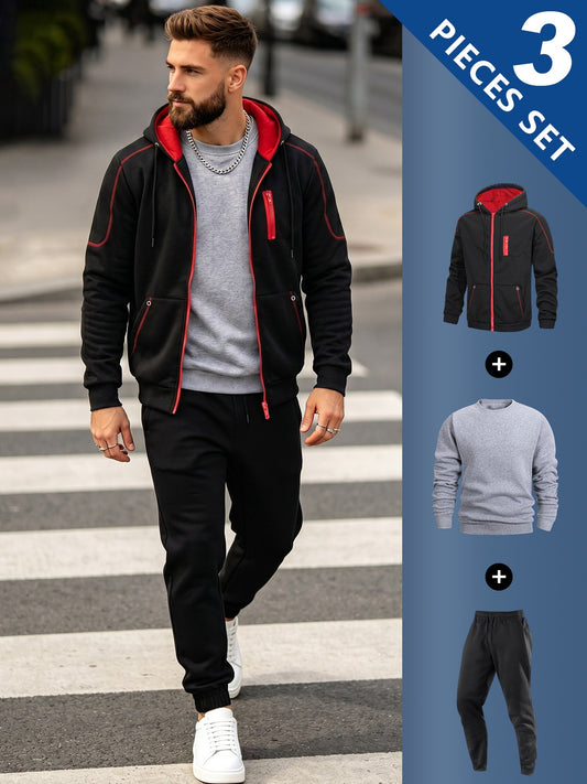 Men's Casual 3-Piece Set: Hooded Jacket, Sweatshirt & Joggers