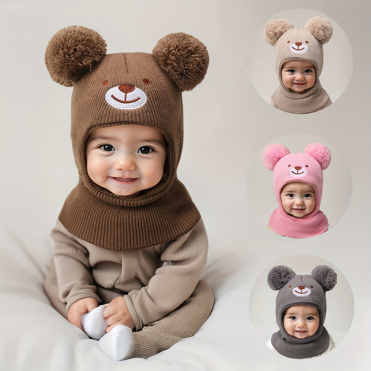 Toddler Bear Knit Balaclava Hat with Pom-Poms for Winter