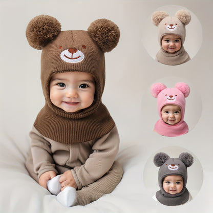Toddler Bear Knit Balaclava Hat with Pom-Poms for Winter