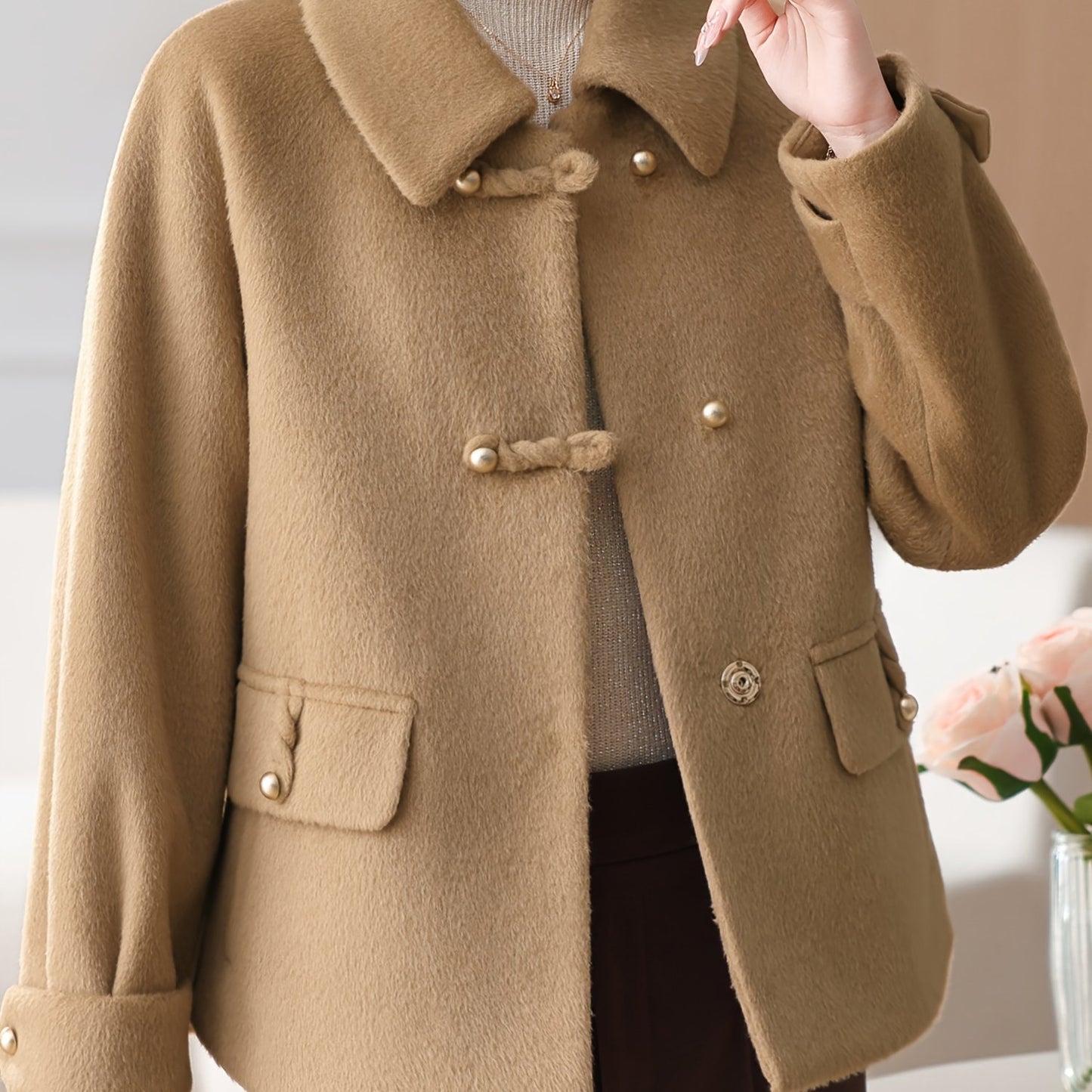 Snow Evening Women's 2025 New Winter Jacket - Short Wool-Blend Tweed Coat for Moms & Seniors, Thickened Warm Collar with Golden Buttons, Elegant Cold-Resistant Outerwear, Hand Washable (Grey/Black) - Professional & Casual Win