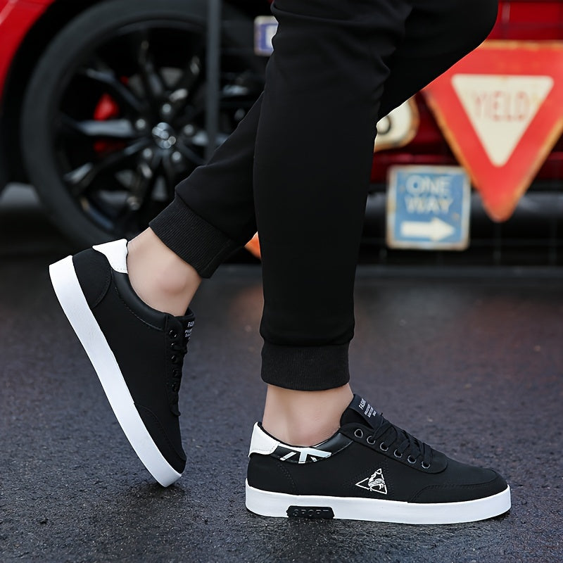 Men's Retro Breathable Canvas Sneakers - Comfortable, Non-Slip Rubber Sole Walking Shoes, Casual Low-Top Lace-Up Design with Triangular Logo, Black & White Accents, Durable PU Upper for Casual Attire