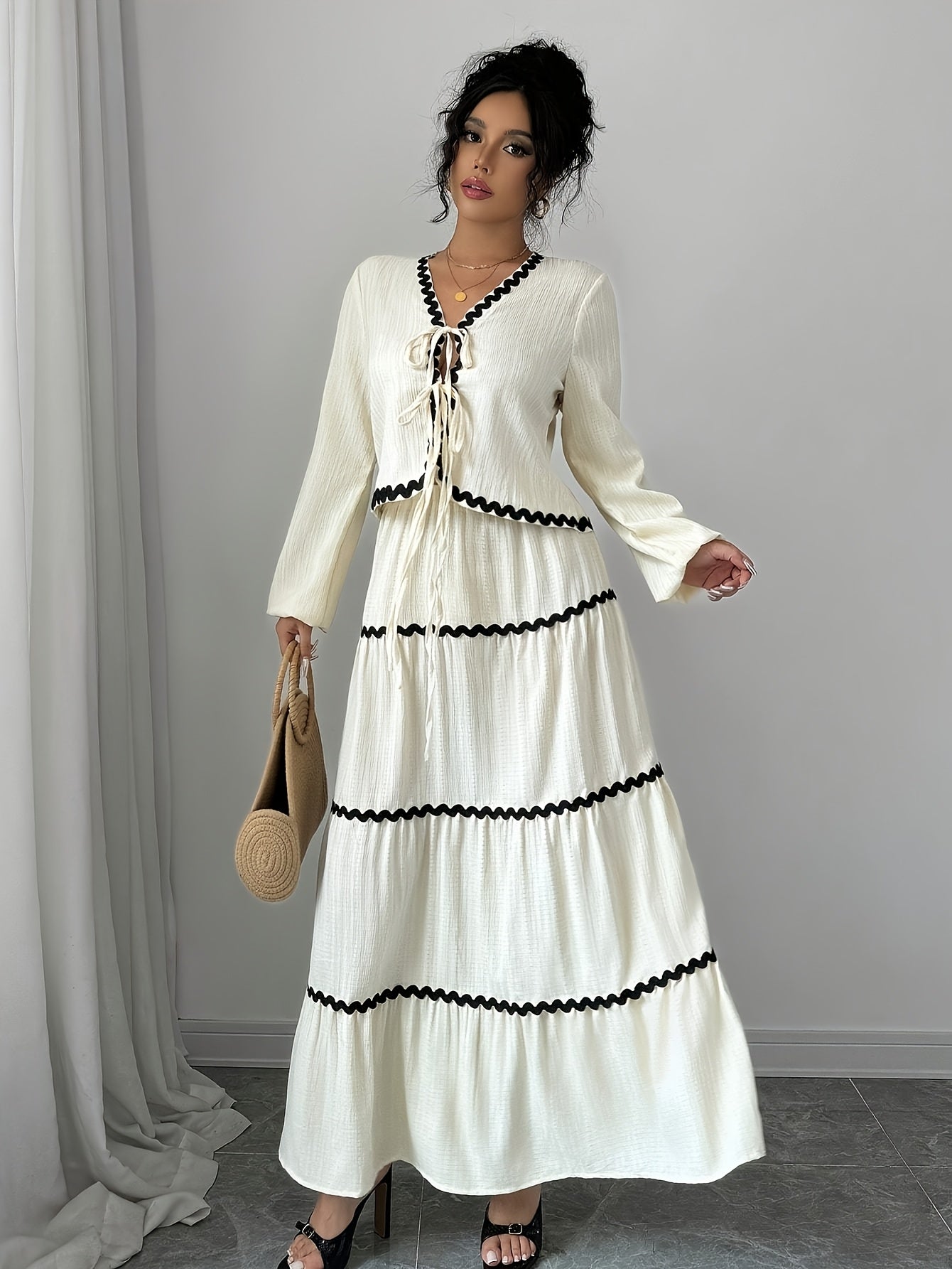 Women's Elegant French Style Lantern Sleeve Ruffle Hem Bow Dress and Skirt Set