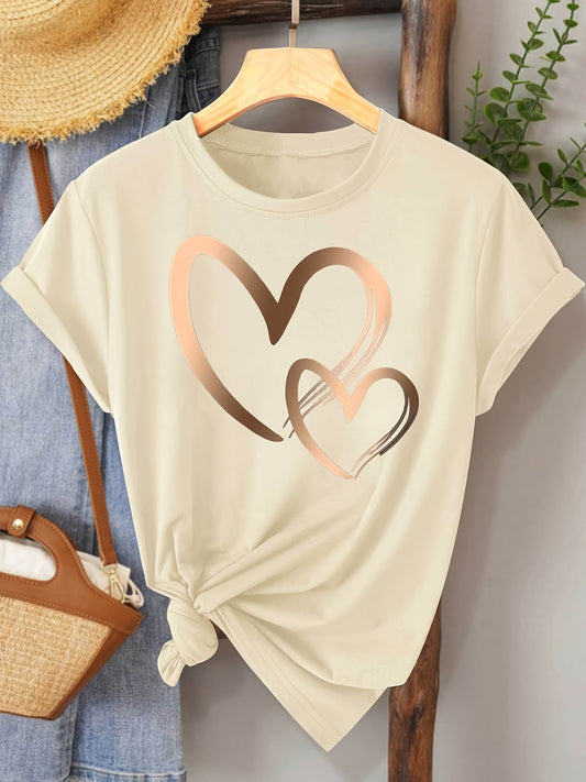 Chic Love Series Gradient Double Heart Graphic Tee for Women - Casual Retro Style, Round Neck Short Sleeve, Breathable Polyester, Machine Washable, in Black with Golden & White Hearts, Sizes S-XXL