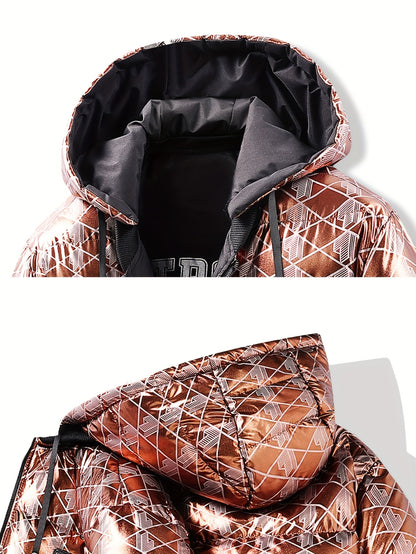 Men'S Stylish Hooded Winter Jacket - Thickened, Warm, and Trendy with Geometric Pattern, Black with Orange Accents, Polyester Filler, Perfect for Cold Weather, Winter Jacket Hooded