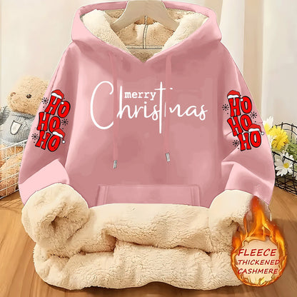 Christmas & Merry Christmas Letter Element Printed Women's Lined Hooded Sweatshirt, Thick and Warm Polyester Fabric Jacket, Suitable for Casual Composite Fabric Warm Clothing for Autumn and Winter Season