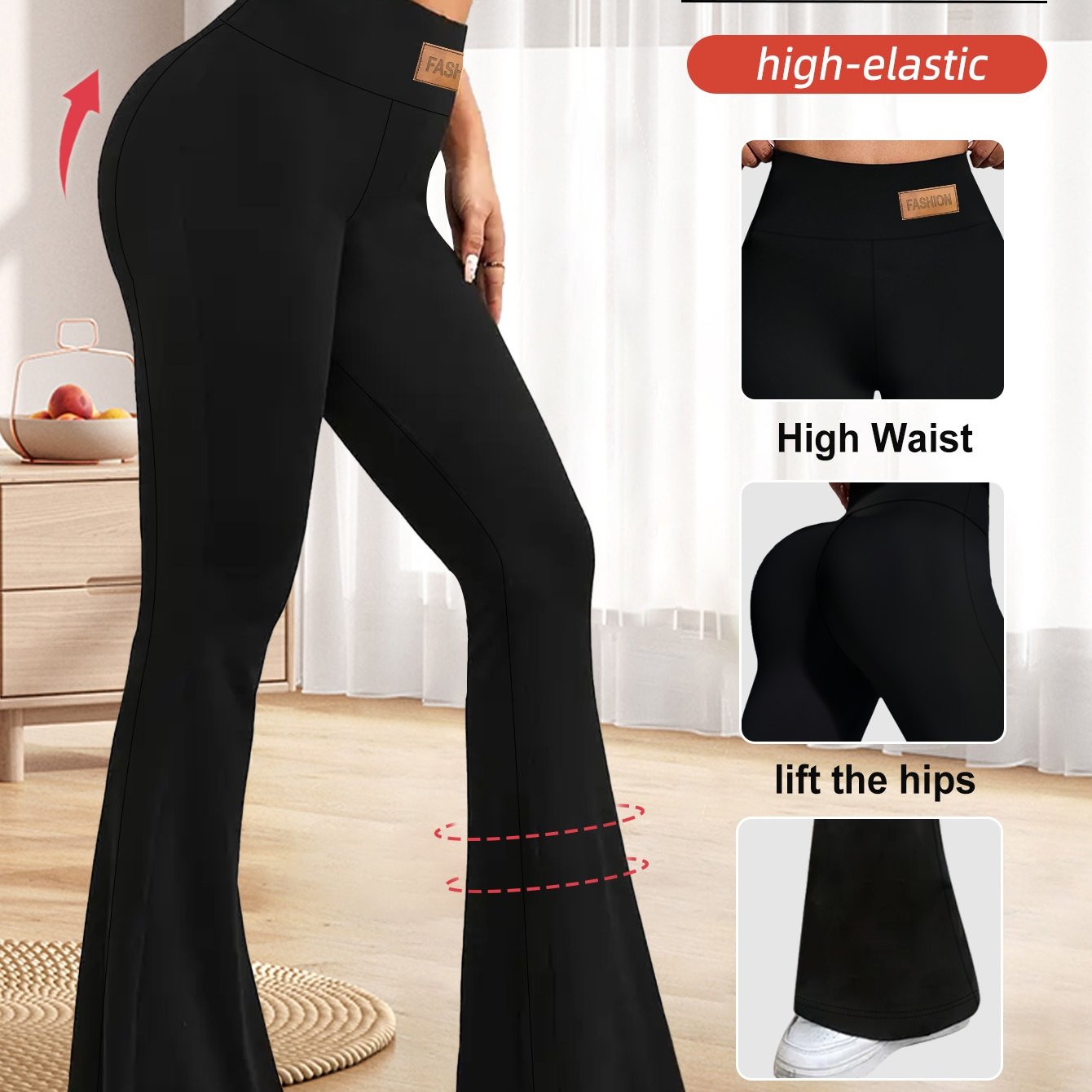 High-Waisted Flared Leggings for Women - Stretchy Black Polyester Pants with Tummy Control, Slimming Fit, and Breathable Design for Spring/Summer/Fall Casual Wear, Spring Summer Leggings | Fitted Leggings | Elastic Waistband