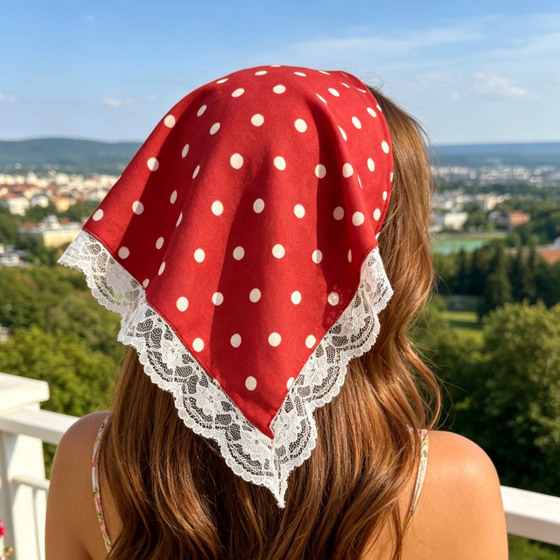 Women’s Stretch Lace Trim Polka Dot Bandana Headscarf