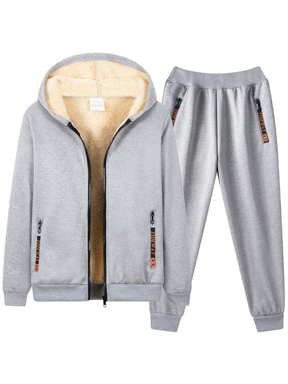 2pcs Boys' Fashion Fleece-Lined Thickened Jacket + Pants Set, Stylish Zip-Up Hoodie and Casual Sportswear Outfit for Autumn/Winter, Perfect Gift, Perfect for Outdoor, Autumn/winter Coat For Boy, Sportswear Suit For Boy, Boy C