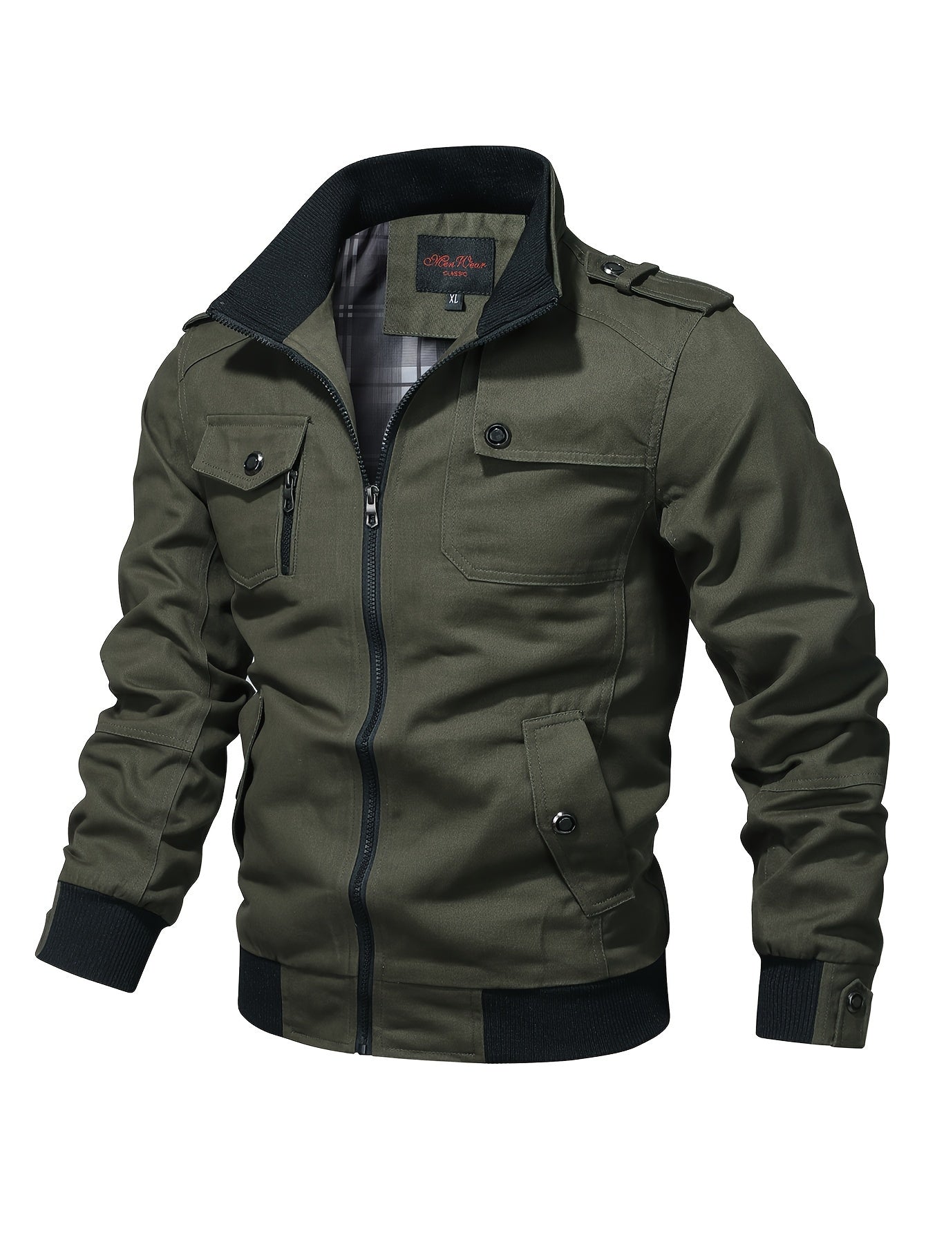 Men's Casual Bomber Jacket, Cotton Stand Collar Windbreaker Jacket With Pockets For Fall Winter