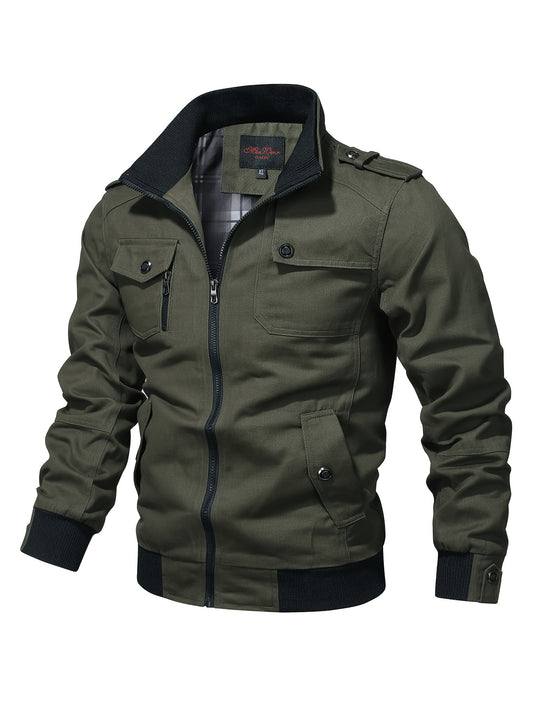 Men's Casual Bomber Jacket, Cotton Stand Collar Windbreaker Jacket With Pockets For Fall Winter